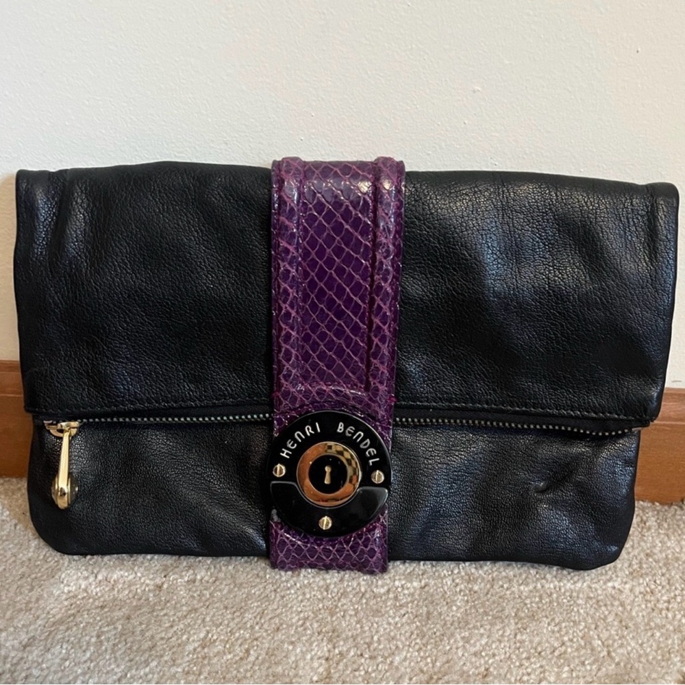 SOLD LIVE! RARE Henri Bendel Black Purple Snakeskin Leather Accented Clutch
